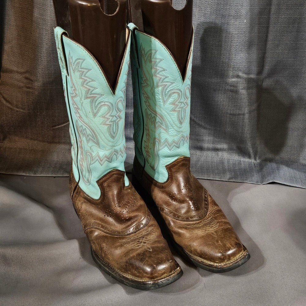 Justin Boots Womens 10B Brown Turquoise Leather Square Toe Western Boots L4853
